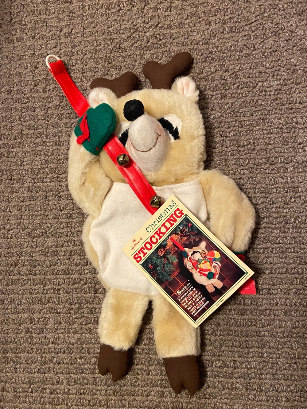 Vintage 1981 Hallmark Plush Reindeer Stocking Holder with Red Strap